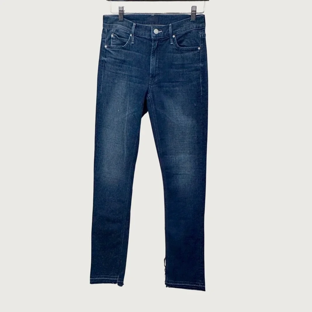 Mother The Rascal Slit Undone Hem Jeans 27‎ Dark Blue Skinny Designer Denim
